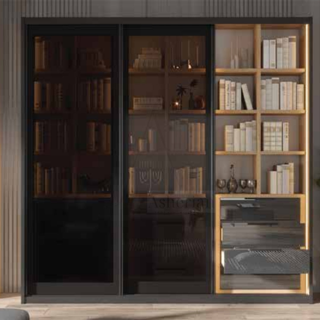 SLIDER | ספריה שקופה לסלון עם דלתות הזזה ומגירות - - אשריאן | ASHERIAN