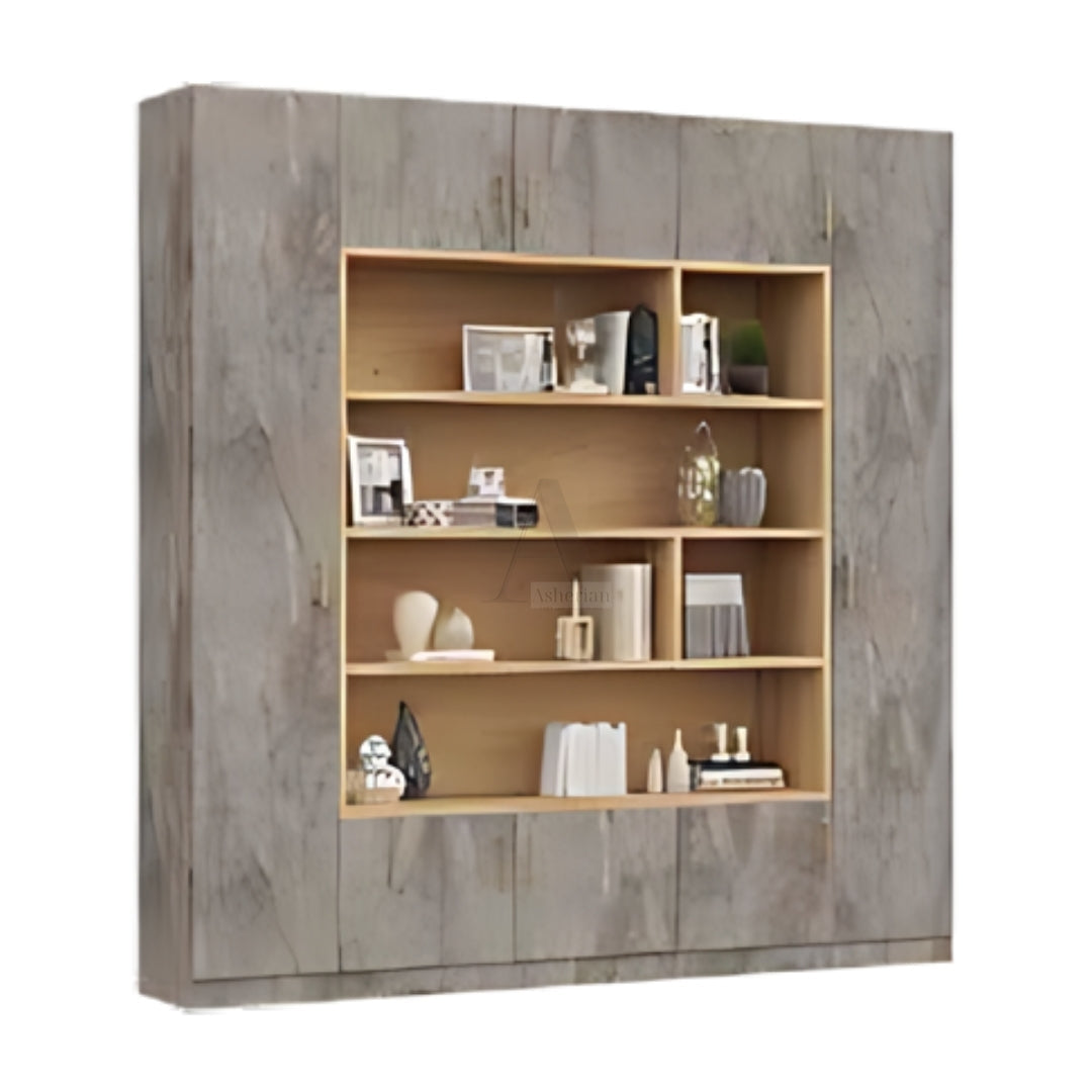 ALMOG | ארון אחסון מעוצב לסלון עם מדפי עץ וזכוכית - 200 ס"מ - 5 דלתות - אשריאן | ASHERIAN