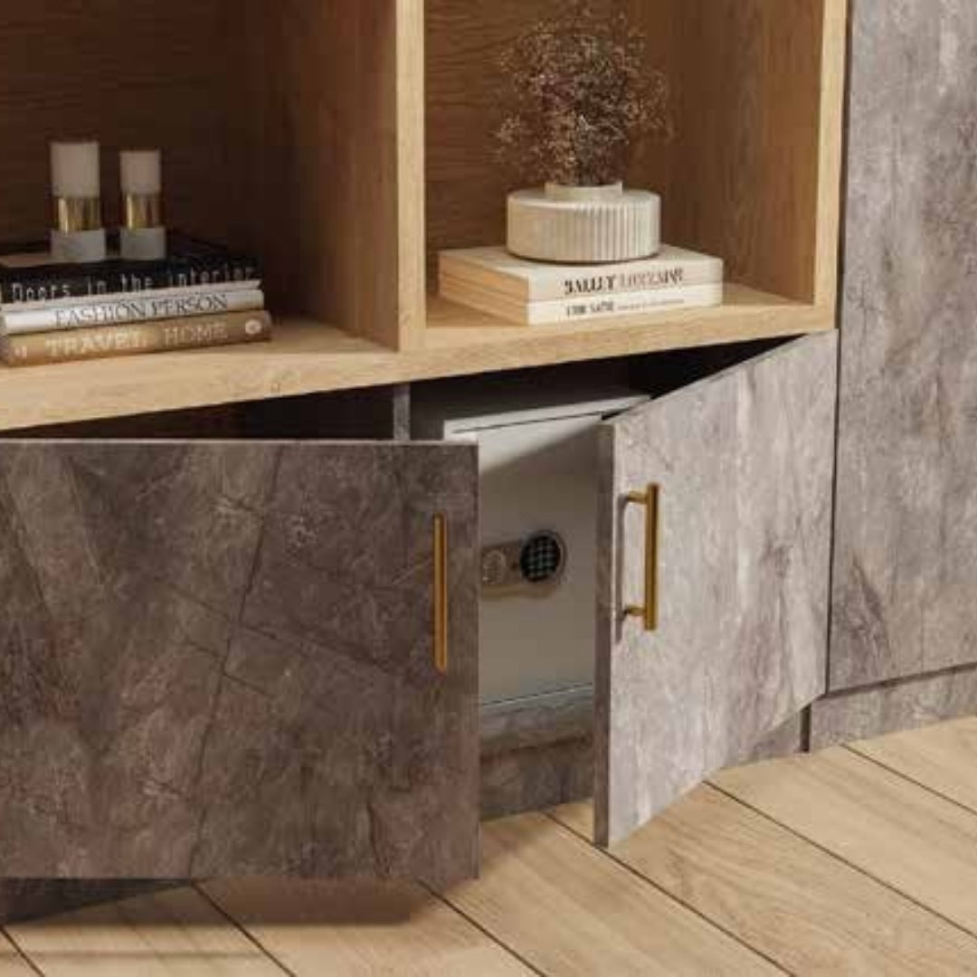 ALMOG | ארון אחסון מעוצב לסלון עם מדפי עץ וזכוכית - - אשריאן | ASHERIAN