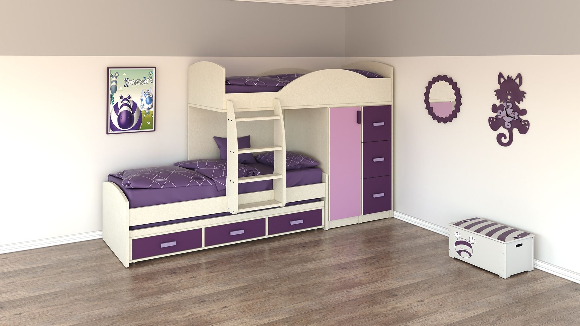 ALONA | מיטת רכבת קומותיים עם ארון ומגירות + מיטת חבר - - אשריאן | ASHERIAN