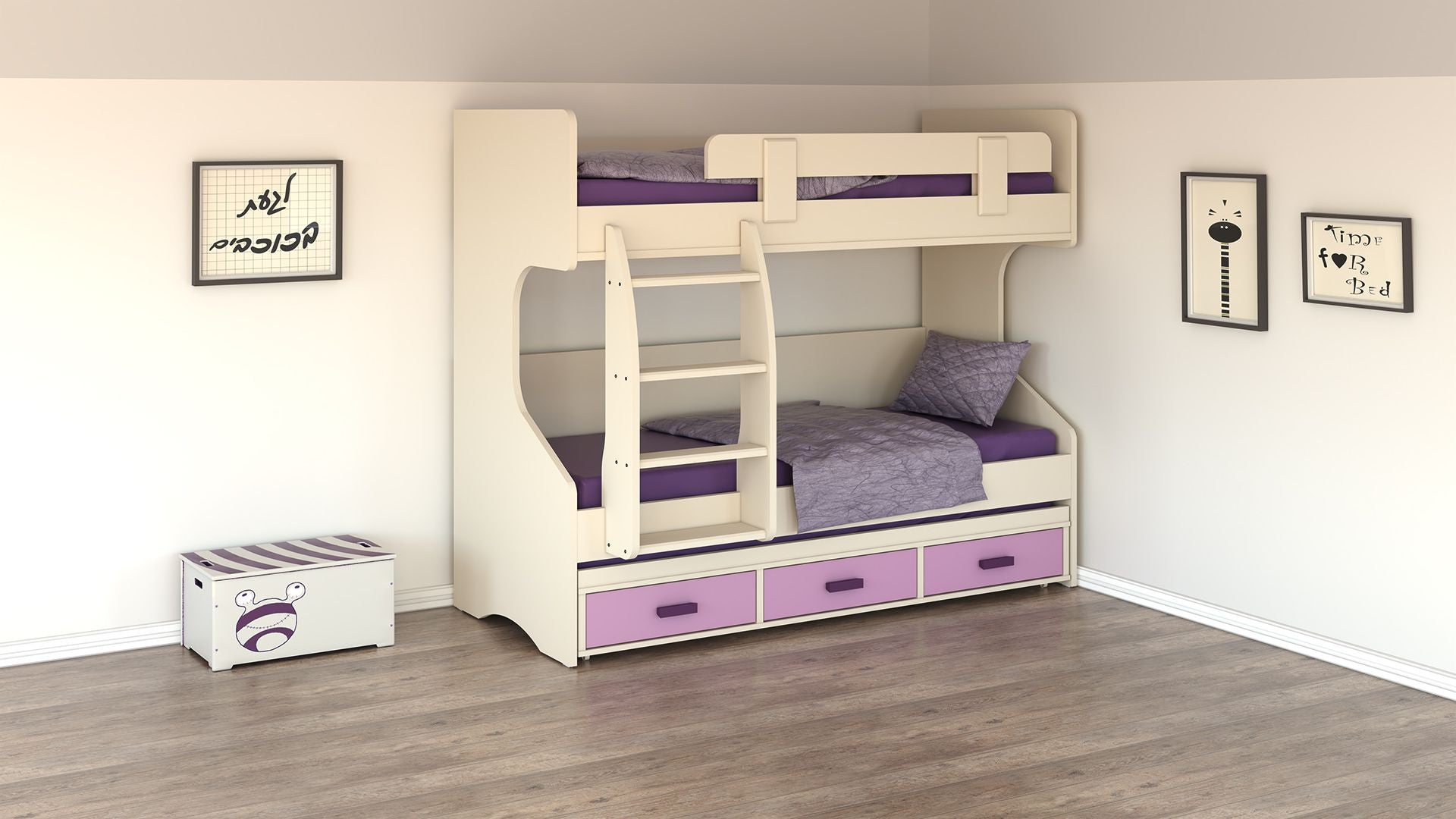 DANIELA | מיטת קומותיים מעוצבת ואיכותית עם מיטת חבר ו-3 מגירות - - אשריאן | ASHERIAN