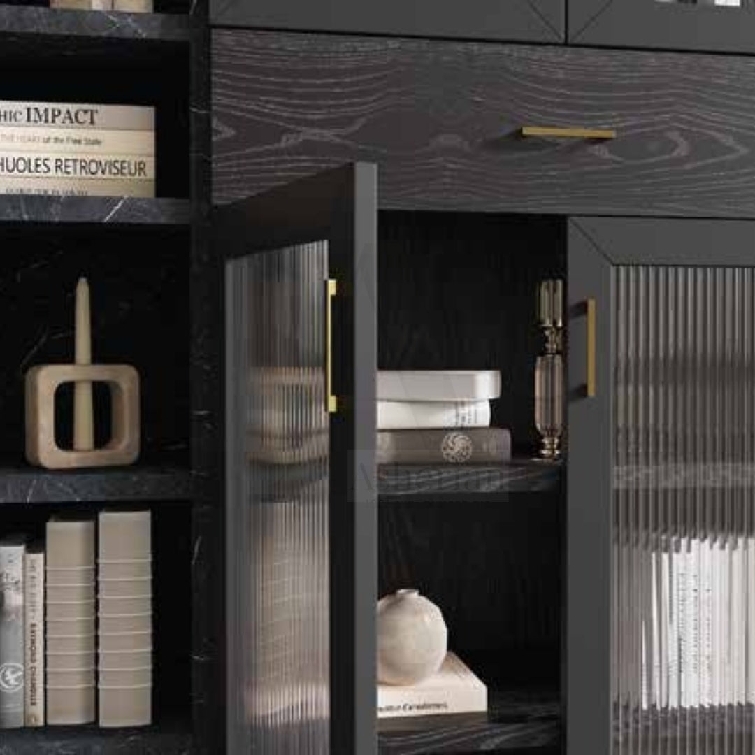 FOREST | ספריה מעוצבת לסלון עם דלתות זכוכית רטרו ומגירות - - אשריאן | ASHERIAN