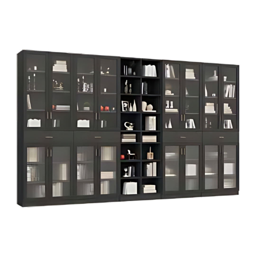 FOREST | ספריה מעוצבת לסלון עם דלתות זכוכית רטרו ומגירות - 400 ס"מ - 10 דלתות - אשריאן | ASHERIAN