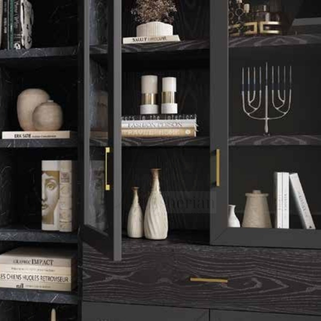 FOREST | ספריה מעוצבת לסלון עם דלתות זכוכית רטרו ומגירות - - אשריאן | ASHERIAN