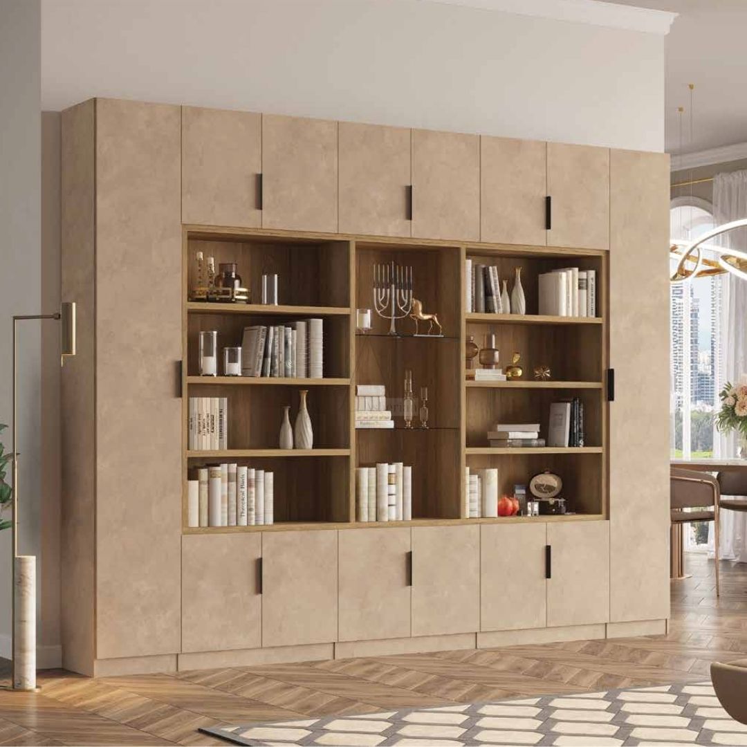 GEFEN | ספריה לסלון עם מדפים פתוחים ותא תצוגה - 320 ס"מ - 8 דלתות - אשריאן | ASHERIAN