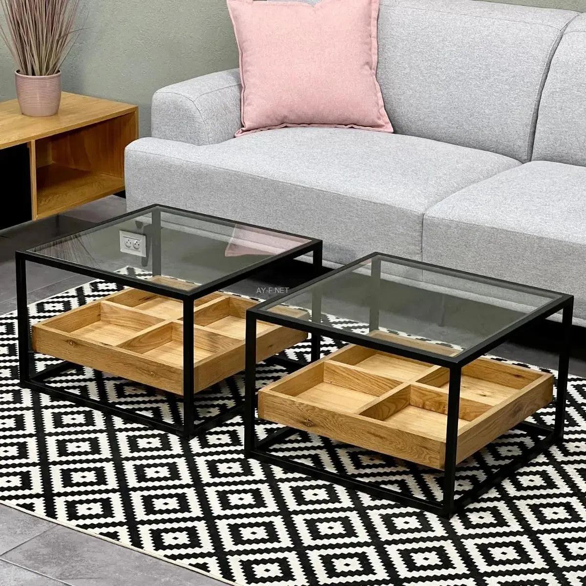 GLASSWOOD | צמד שולחנות יוקרתיים בשילוב עץ זכוכית וברזל - - אשריאן | ASHERIAN