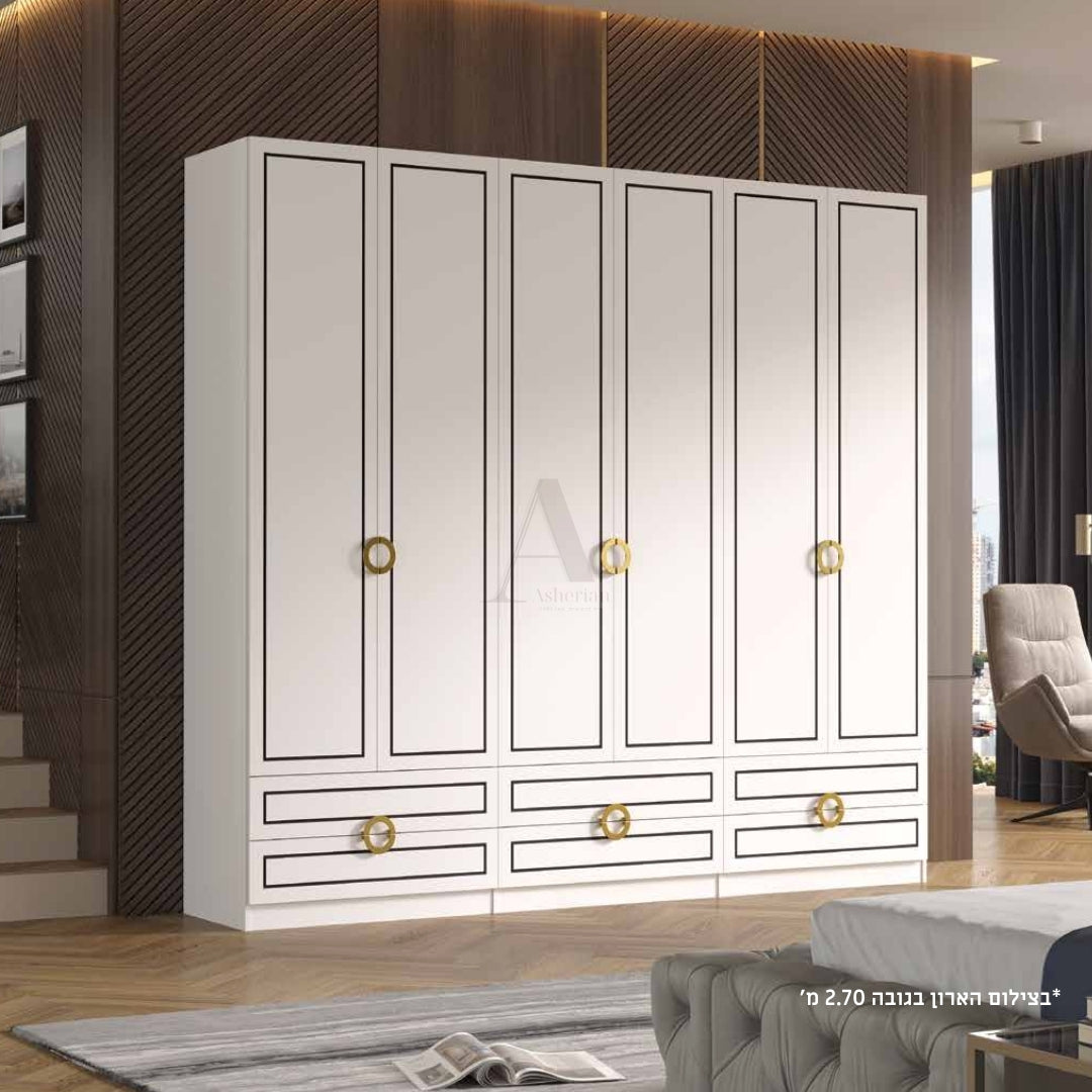 GLEM | ארון פתיחה מעוצב עם חריטות מודרניות - 240 ס"מ - 6 דלתות - אשריאן | ASHERIAN