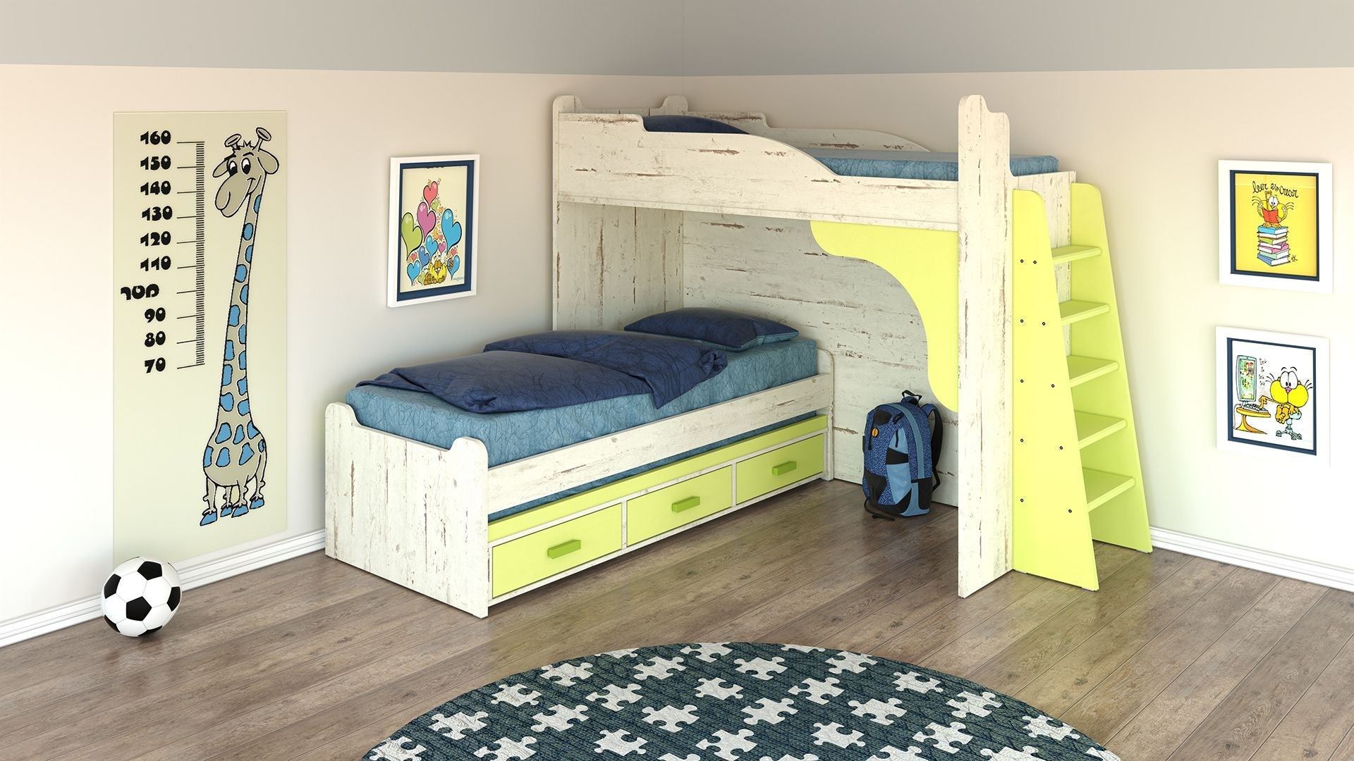 גיא | מיטת קומותיים בצורת ר' עם מיטת חבר ו-3 מגירות - - אשריאן | ASHERIAN