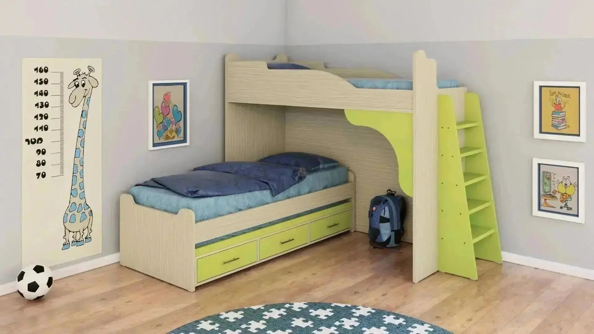 גיא | מיטת קומותיים בצורת ר' עם מיטת חבר ו-3 מגירות - - אשריאן | ASHERIAN