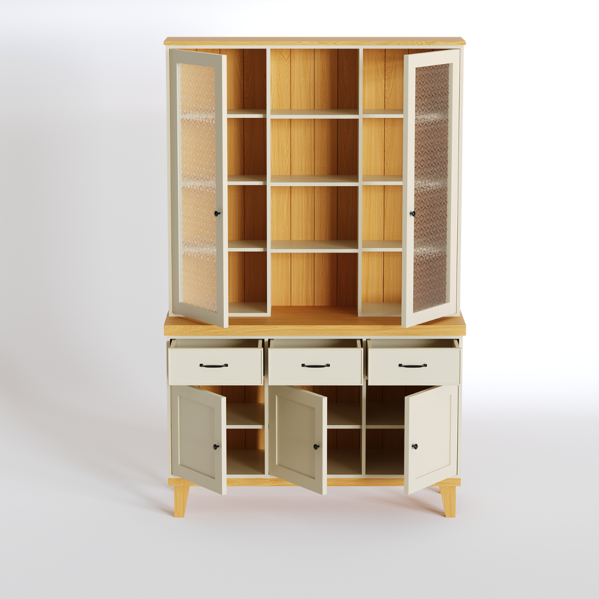 HUSKY | שידת ספריה כפרית עם דלתות זכוכית סבתא ורגלי עץ - שידה