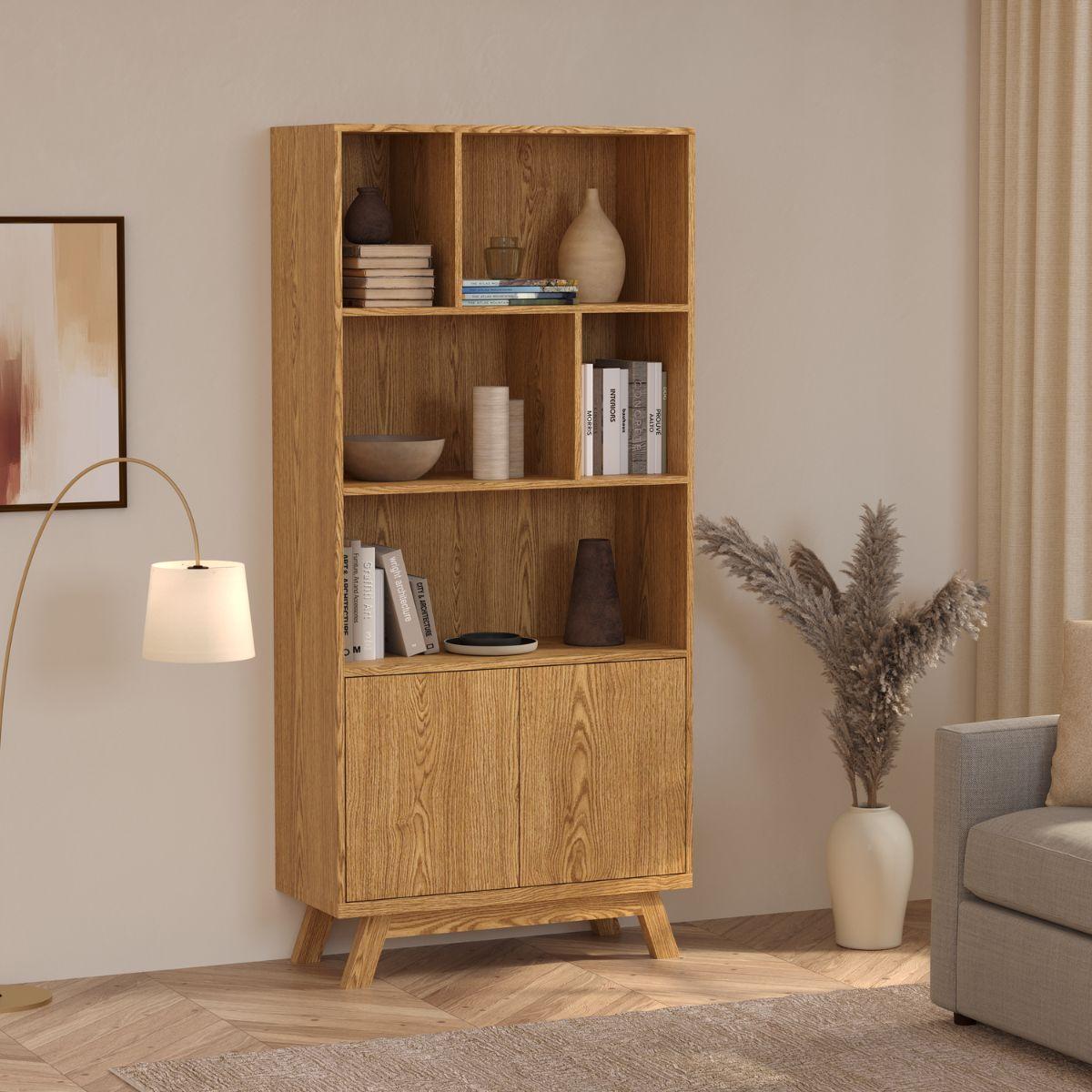 JURN | ספרייה גבוהה א-סימטרית מעץ עם דלתות אחסון - 90 ס״מ - יחידת מדפים