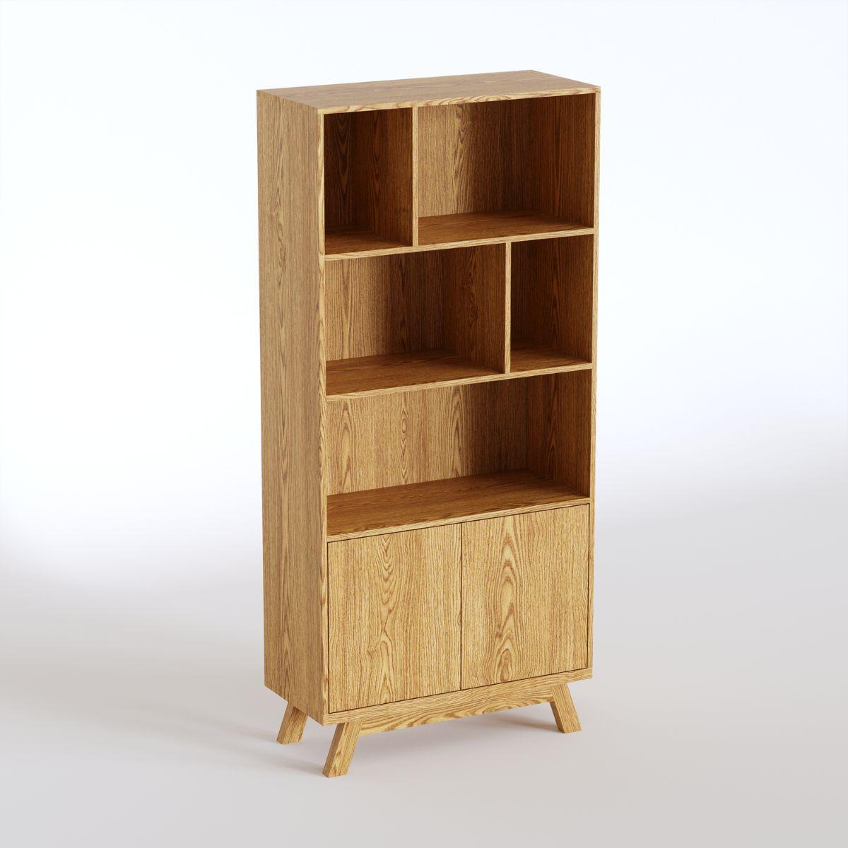 JURN | ספרייה גבוהה א-סימטרית מעץ עם דלתות אחסון - 90 ס״מ - יחידת מדפים