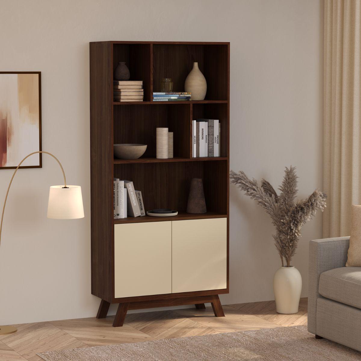 JURN | ספרייה גבוהה א-סימטרית מעץ עם דלתות אחסון - 90 ס״מ - יחידת מדפים