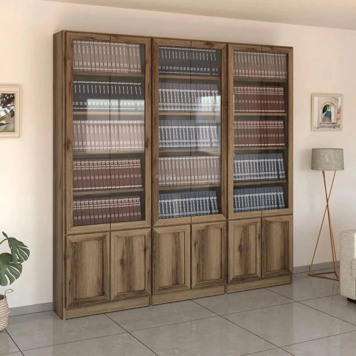 K383 | ספריה מעוצבת במראה נקי עם 6 דלתות זכוכית ברוחב 240 סֿמ - - אשריאן | ASHERIAN