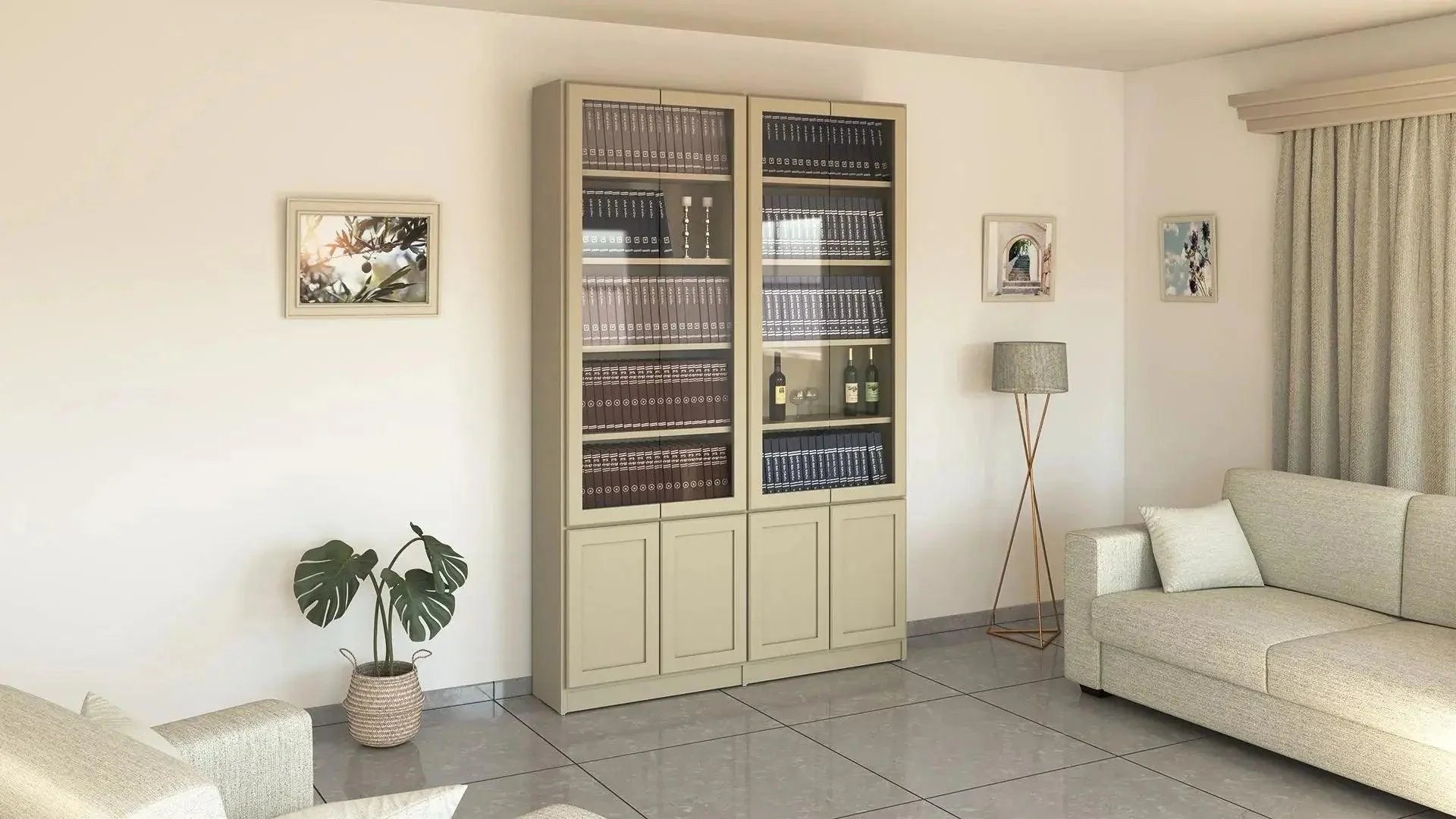 K381 | ספריה במראה נקי עם דלתות זכוכית בקו 0 - - אשריאן | ASHERIAN