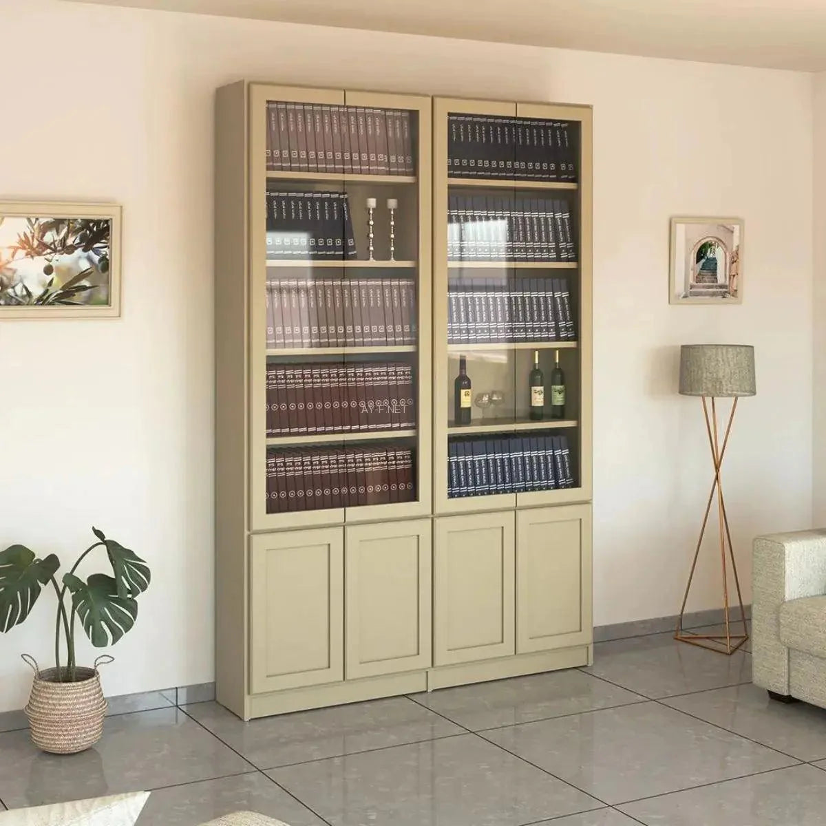 K382 | ספריה מעוצבת במראה נקי עם 4 דלתות זכוכית - - אשריאן | ASHERIAN