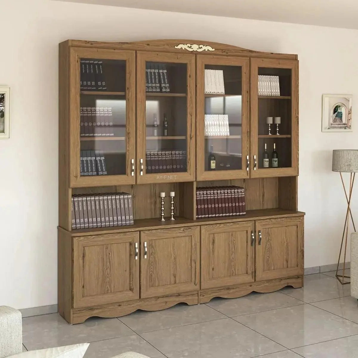 M02 | ספריה מעוצבת ברוחב 2.40 מ' עם 4 דלתות זכוכית בחלוקה רחבה - - אשריאן | ASHERIAN