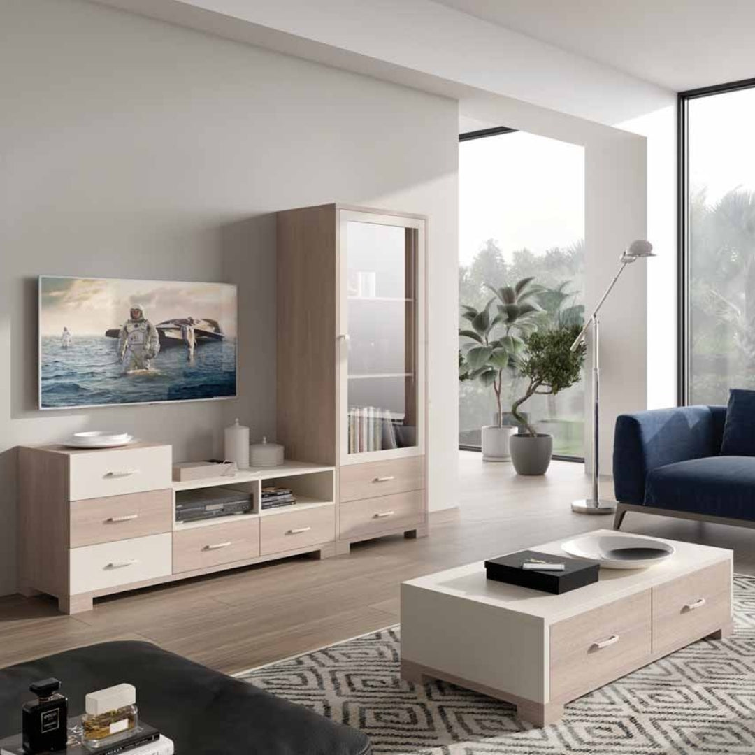 M145 | מזנון קטן לסלון עם מגירות ותאים פתוחים - סט מזנון עם ויטרינה ושולחן - אשריאן | ASHERIAN