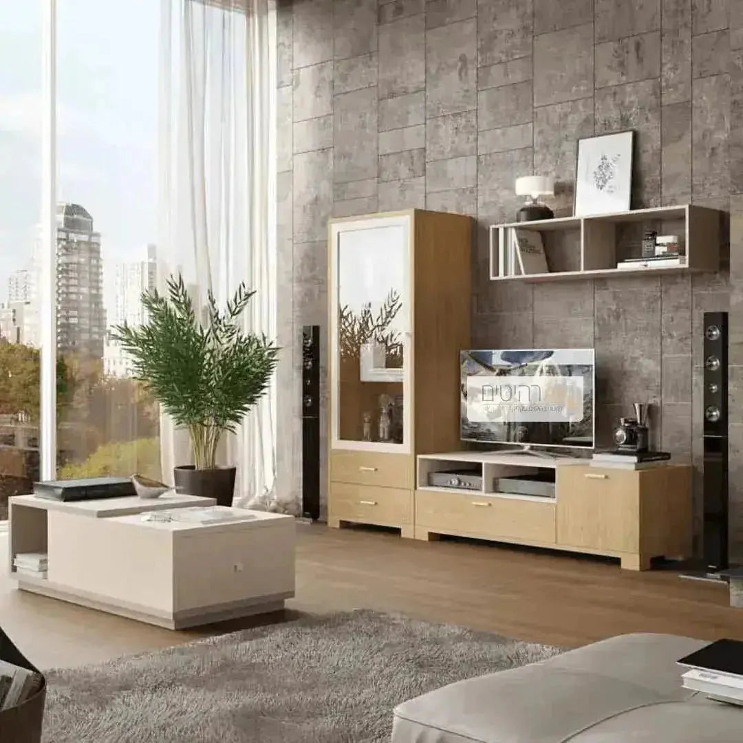 M152 | מזנון קטן לסלון עם תאים פתוחים וויטרינה - סט מזנון עם ויטרינה ושולחן - אשריאן | ASHERIAN