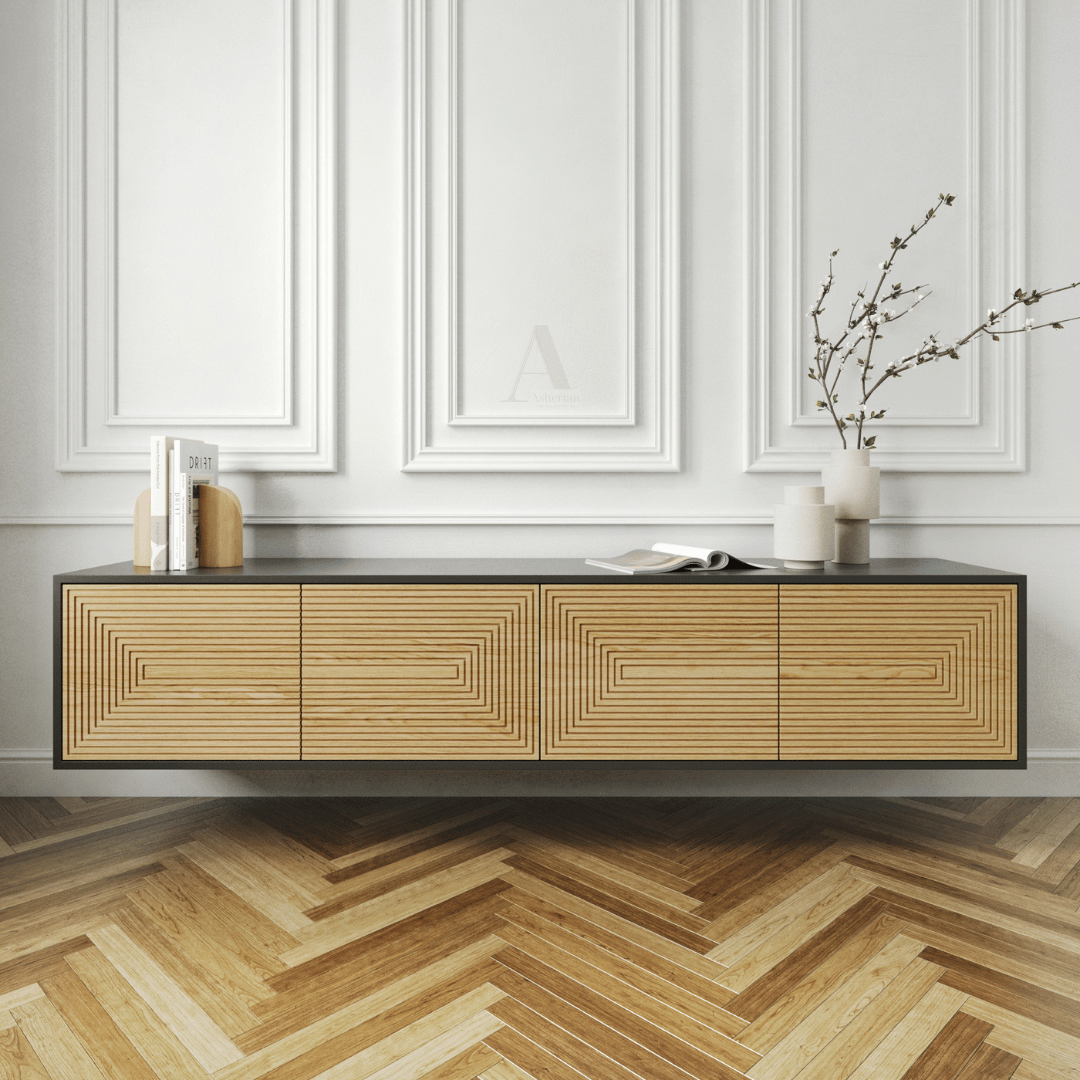 MARKO | מזנון מודרני תלוי לסלון עם חזית חריטות מיוחדות - 160 ס״מ - 3 דלתות - אשריאן | ASHERIAN