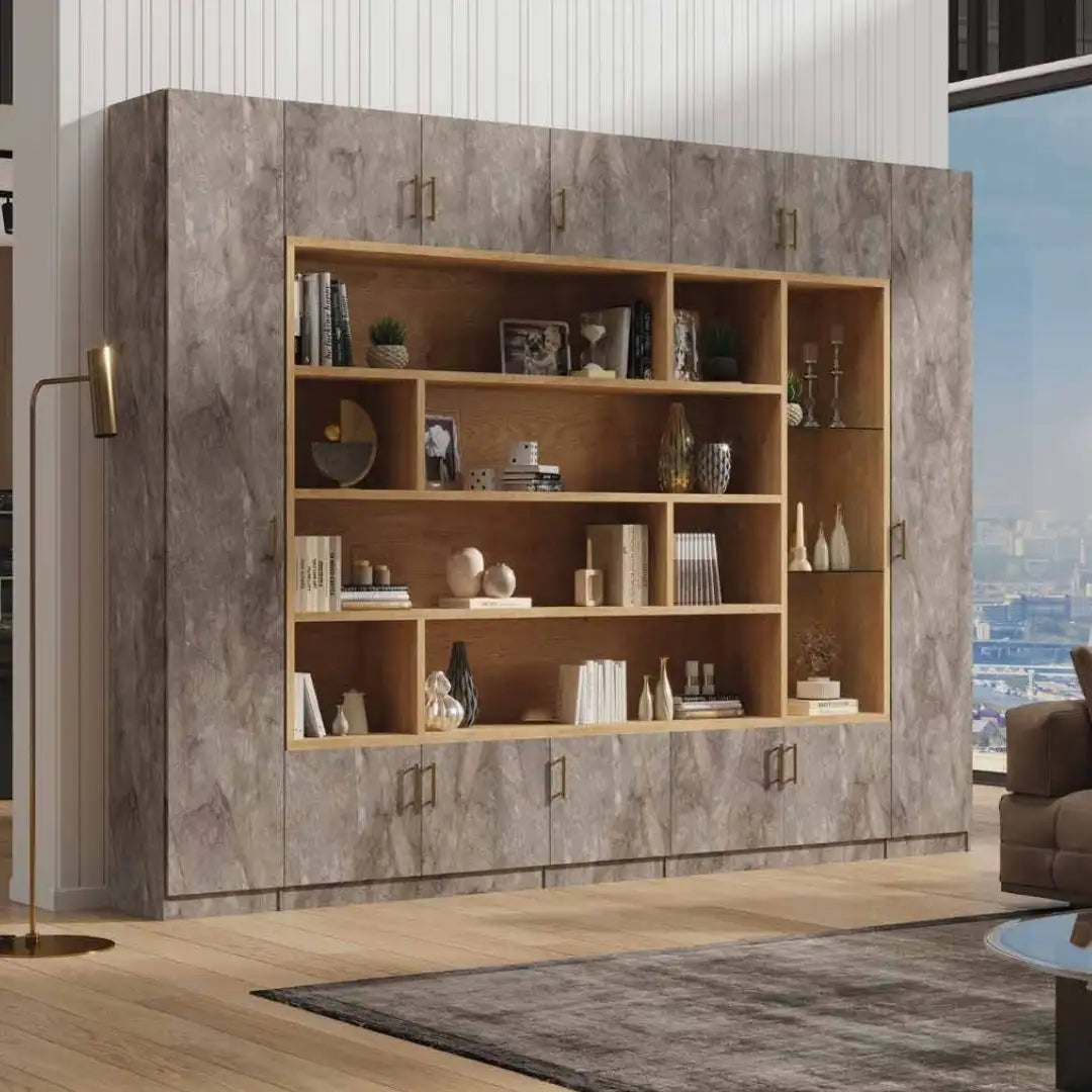 ALMOG | ארון אחסון מעוצב לסלון עם מדפי עץ וזכוכית - 280 ס"מ - 7 דלתות - אשריאן | ASHERIAN
