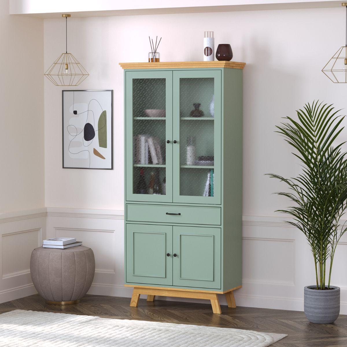 MEVEN | ויטרינה כפרית גבוהה עם דלתות זכוכית סבתא ומגירות - 90 ס״מ - ארון