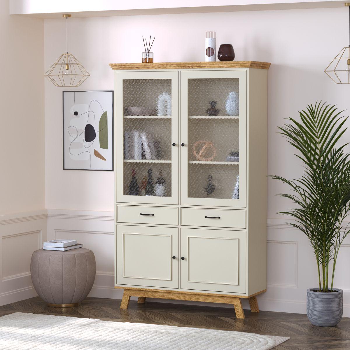 MEVEN | ויטרינה כפרית גבוהה עם דלתות זכוכית סבתא ומגירות - 90 ס״מ - ארון