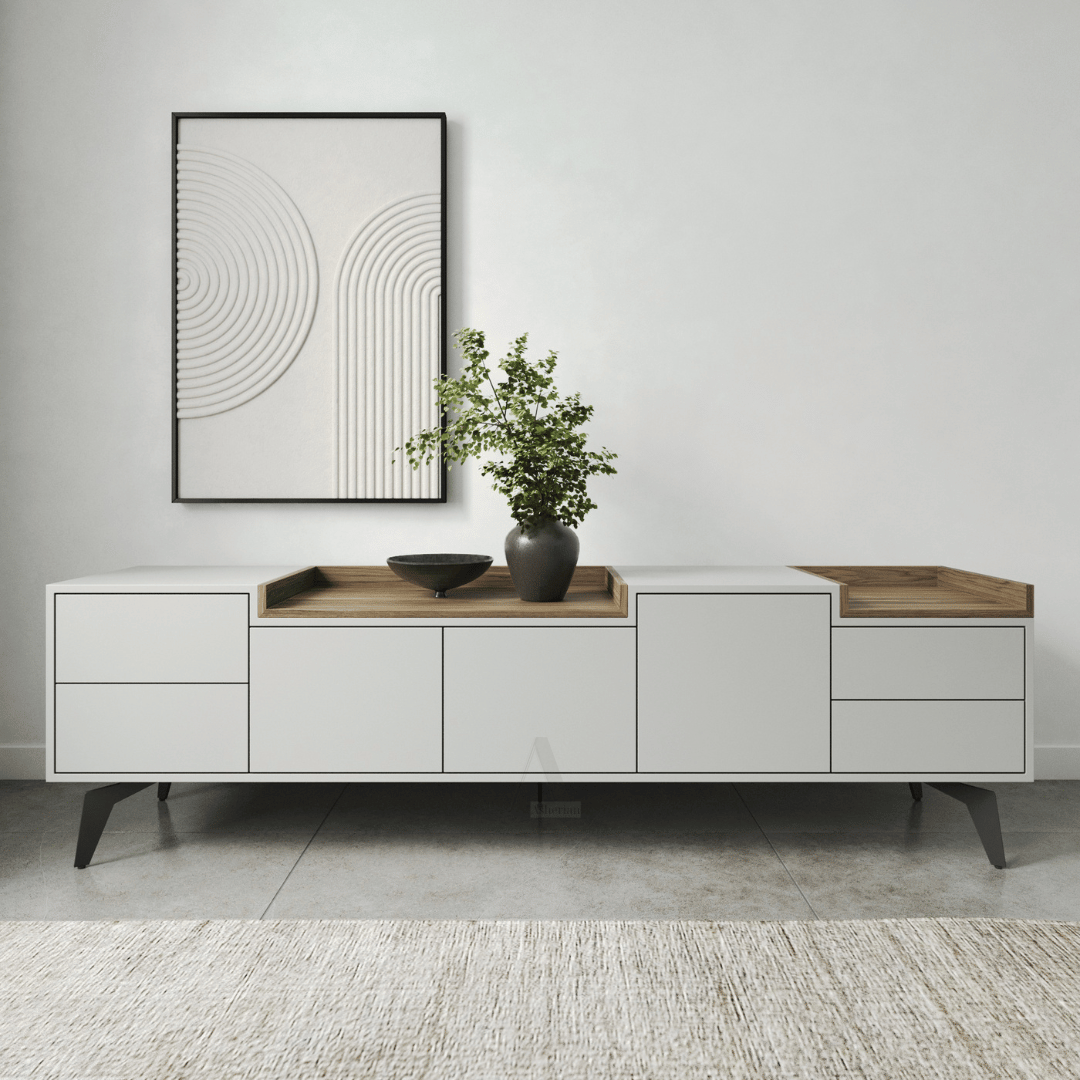 MILA | מזנון מודרני לסלון בשילוב מגשים בעץ - 160 ס״מ - 4 תאים - אשריאן | ASHERIAN