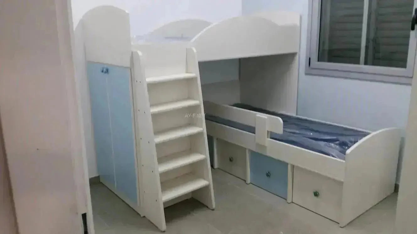 OMRI | מיטת קומותיים פינתית בצורת ר' עם ארון ומגירות אחסון - - אשריאן | ASHERIAN