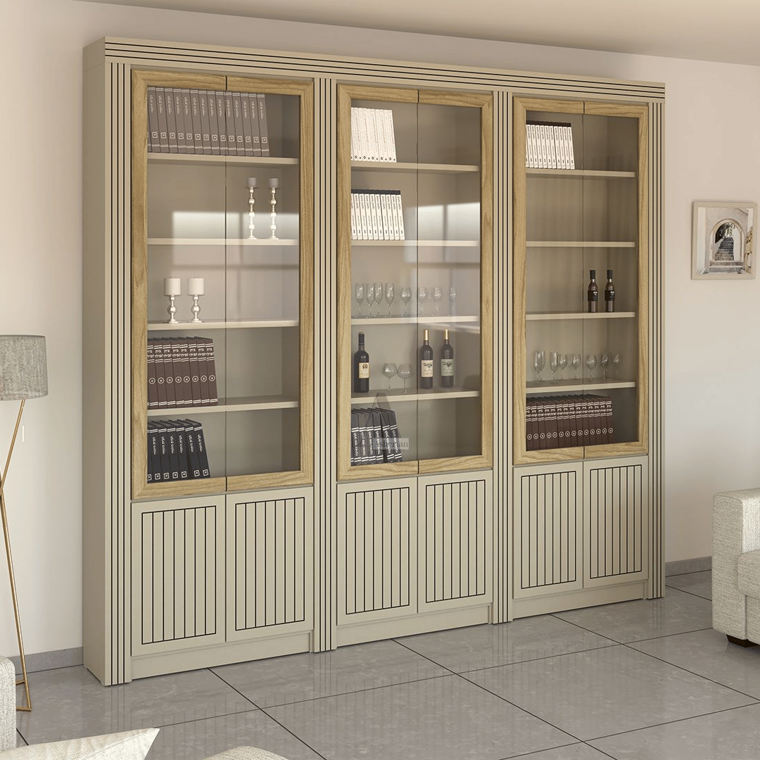 RAMON | ספריה מעוצבת עם דלתות זכוכית וחריטות שחורות - 280 ס״מ - 6 דלתות - אשריאן | ASHERIAN