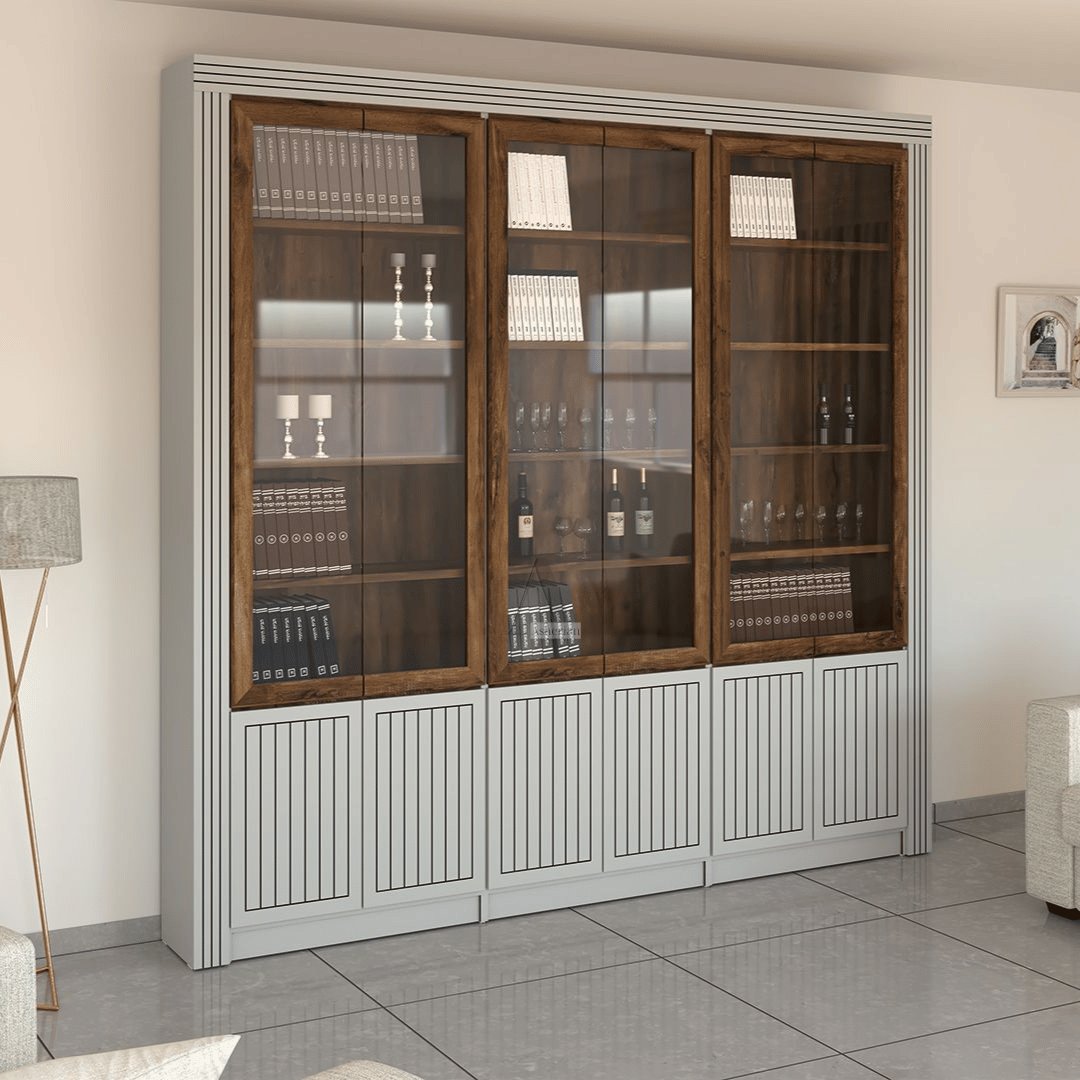 RAMON | ספריה מעוצבת עם דלתות זכוכית וחריטות שחורות - 256.5 ס״מ - 6 דלתות - אשריאן | ASHERIAN