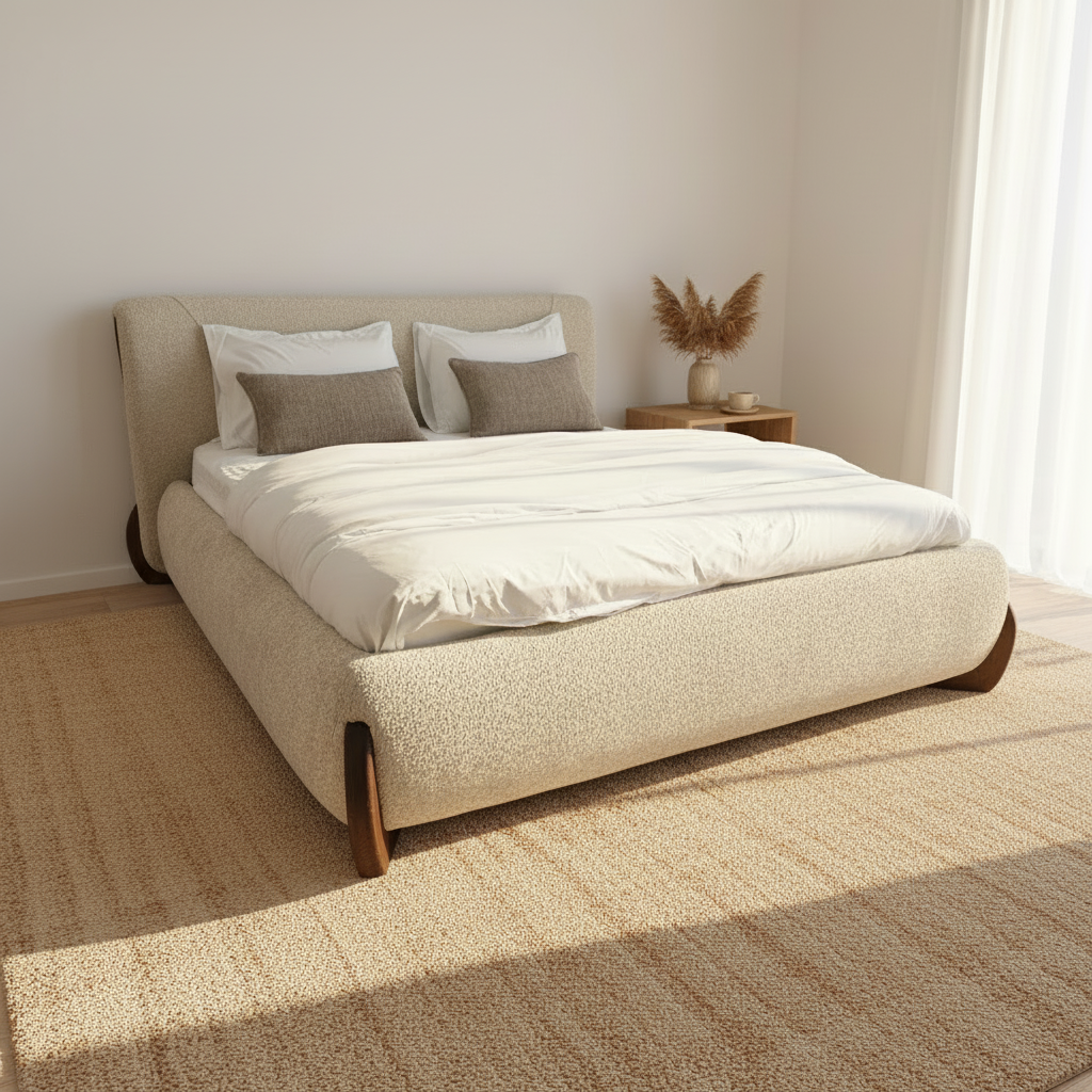 RIO | מיטה זוגית מרופדת בסגנון בוהו שיק עם רגלי עץ - 140/190 ס״מ / שמנת