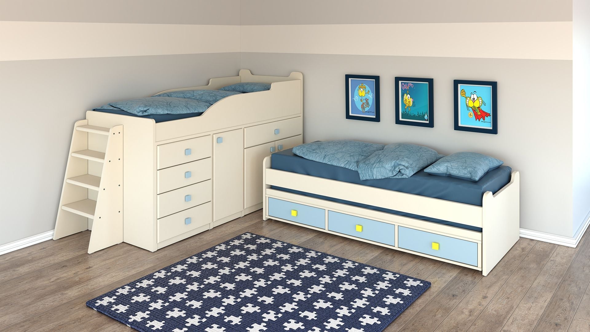 RON | מיטת במה כפולה עם מיטת חבר ומלא אחסון - - אשריאן | ASHERIAN