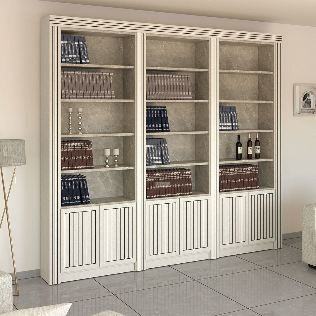 ROMEM | ספריה מעוצבת עם תאים פתוחים וחריטות שחורות - 280 ס״מ - 6 דלתות - אשריאן | ASHERIAN