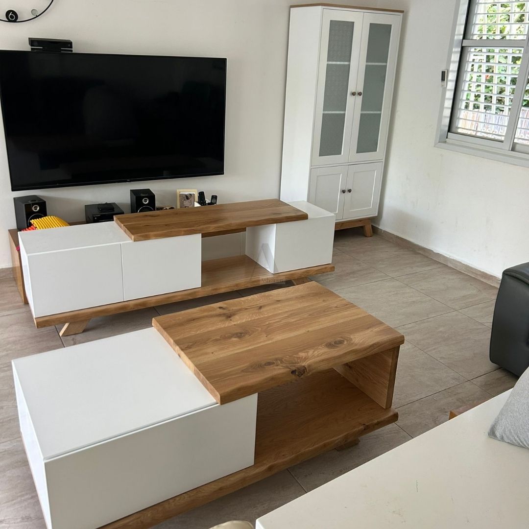 Clint | מזנון ושולחן סלון מעץ גושני במראה פראי רוחב 2 מטר , 60/140, צבע לבן מט בשילוב אלון טבעי