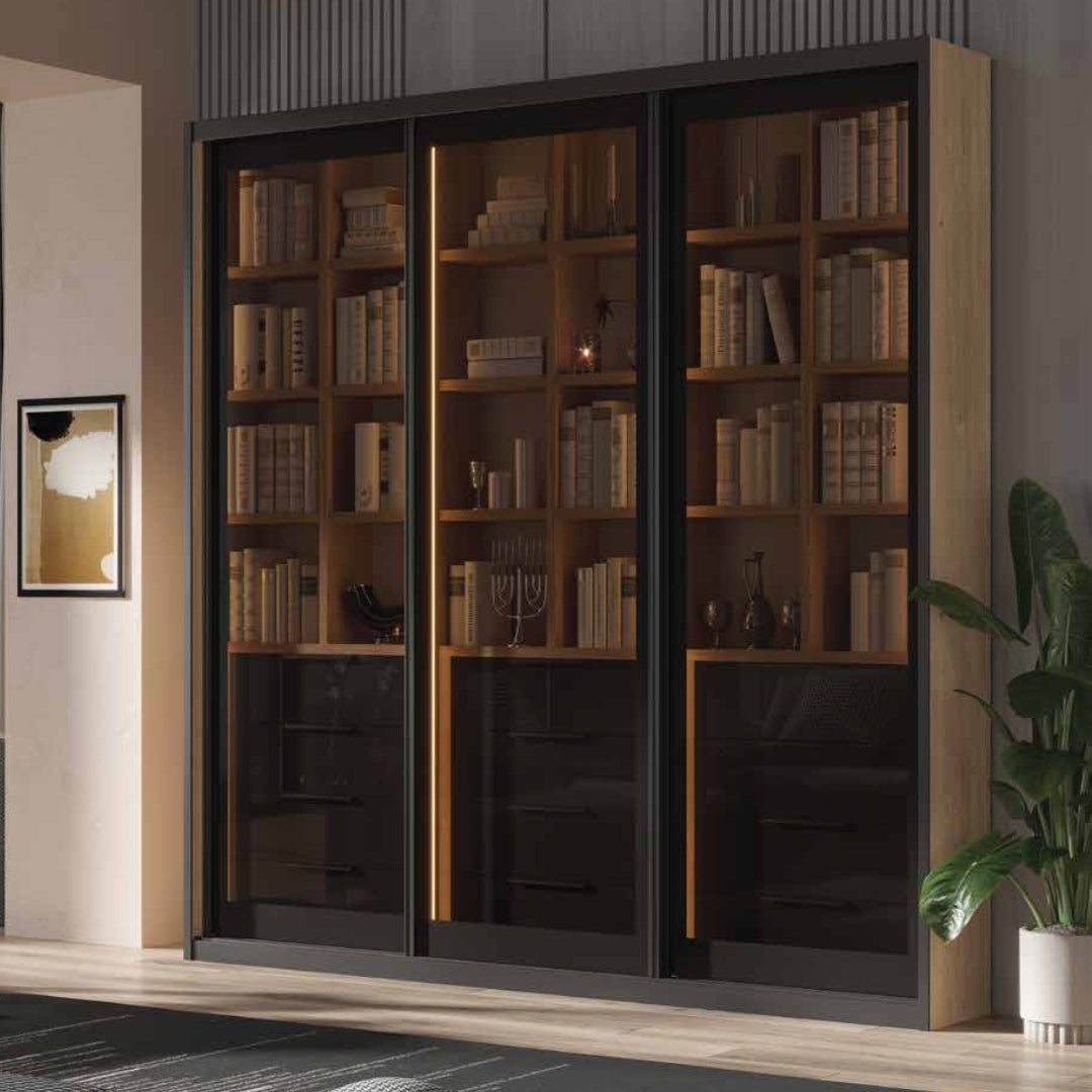 SLIDER | ספריה שקופה לסלון עם דלתות הזזה ומגירות - 240 ס"מ - 3 דלתות - אשריאן | ASHERIAN