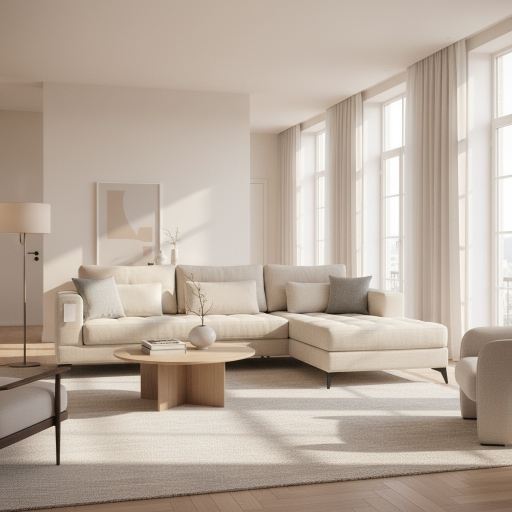 YULI | ספה פינתית נורדית עם שזלונג רחב וריפוד בד