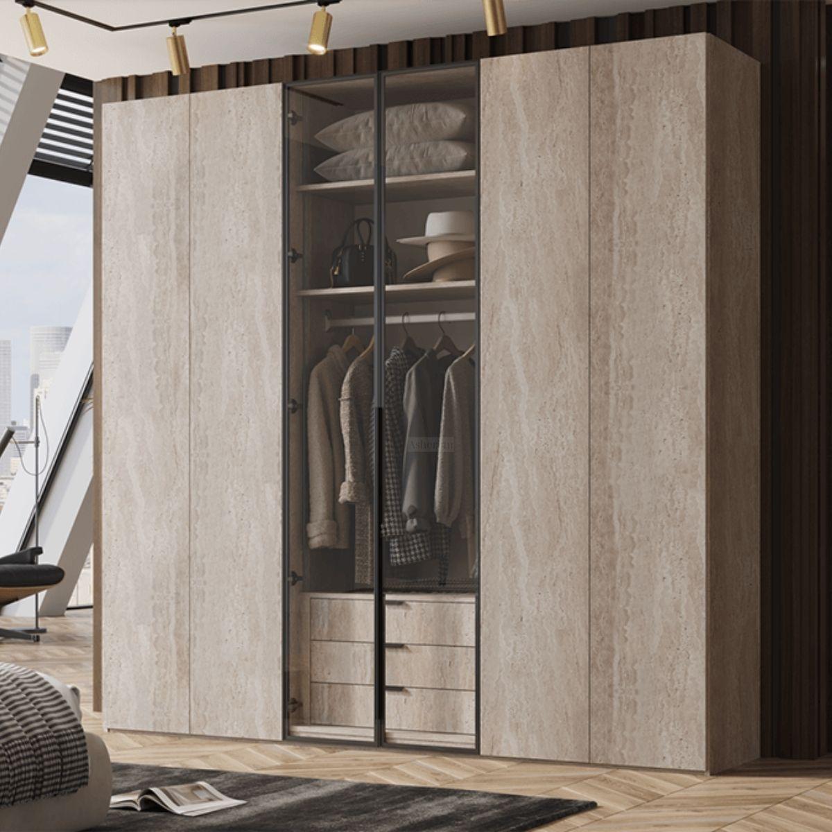 ZEN | ארון פתיחה מודרני עם תאורה פנימית בעיצוב רגוע - 240 ס״מ - 6 דלתות / טרוורטין