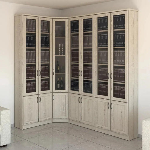 K96 | ספריה פינתית מעוצבת במידה 140/140 ס"מ עם דלתות זכוכית - אשריאן | ASHERIAN