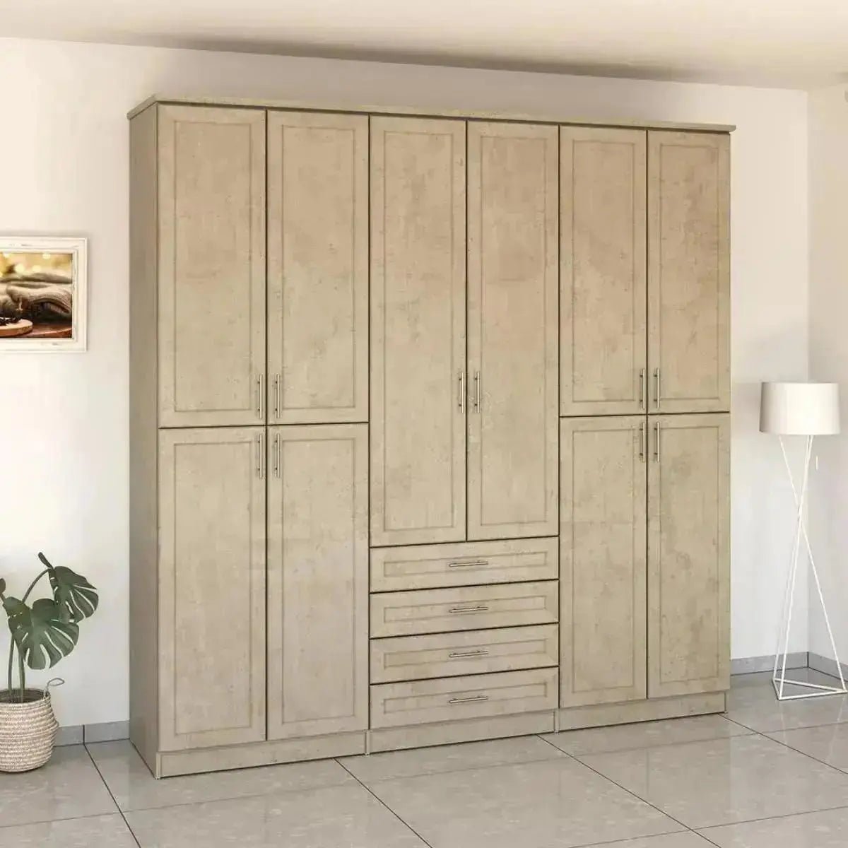 רגב 2.40 מ' | ארון בגדים בעיצוב מסגרות כפרי עם 6 דלתות ומגירות - - אשריאן | ASHERIAN