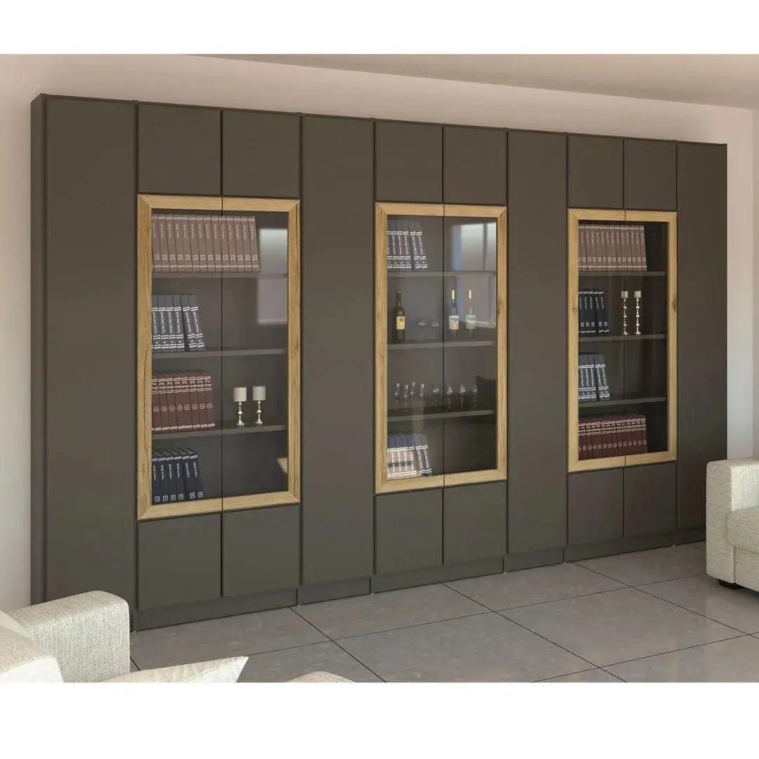 Merlot | ארון ספרים בעיצוב סימטרי ודלתות זכוכית - 400 ס״מ - 10 דלתות - אשריאן | ASHERIAN