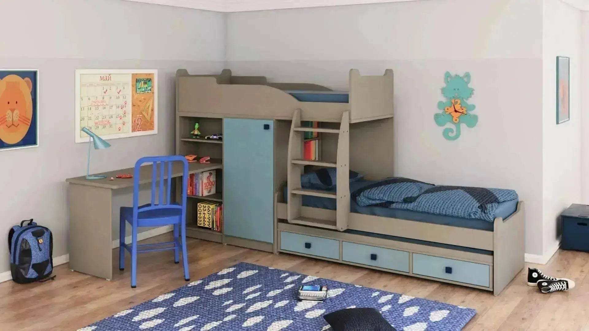 YAHAV | מיטת קומותיים רכבת עם מיטת חבר ושולחן כתיבה - - אשריאן | ASHERIAN
