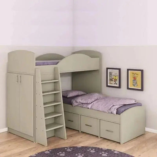 עומרי | מיטת קומותיים פינתית בצורת ר' עם ארון ומגירות אחסון - Asherian | אשריאן רהיטים
