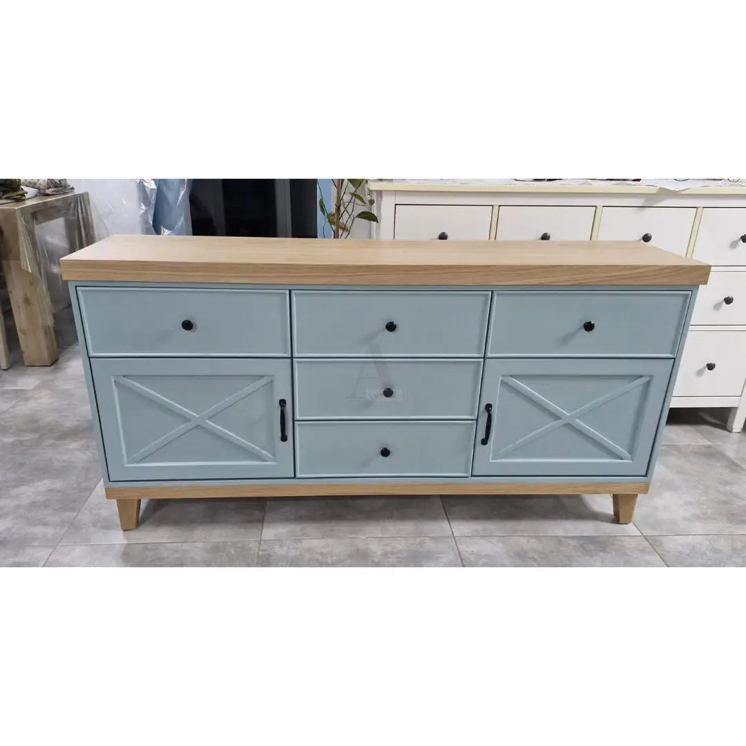 BAR | שידת אחסון כפרית עם דלתות אסם ומגירות רוחב 160 צבע אקווה מט שילוב אלון טבעי