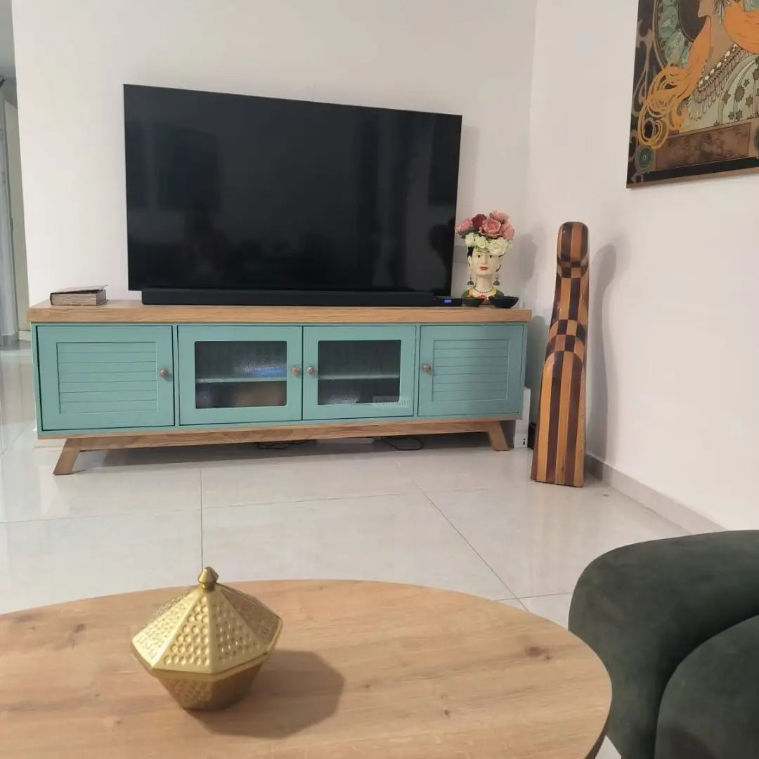 SKY | מזנון וינטאג׳ לסלון עם זכוכית רטרו רוחב 2 מטר צבע טורקיז שילוב אלון טבעי