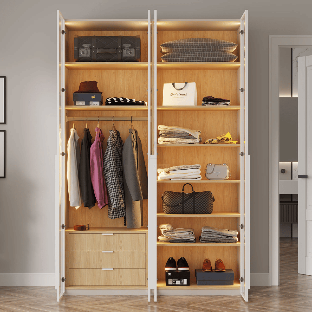 TIDE | ארון בגדים מודרני עם תאורה וחלוקה חכמה