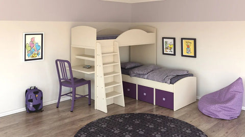 AMIT | מיטת קומותיים פינתית בצורת ר' עם שולחן כתיבה ומגירות אחסון