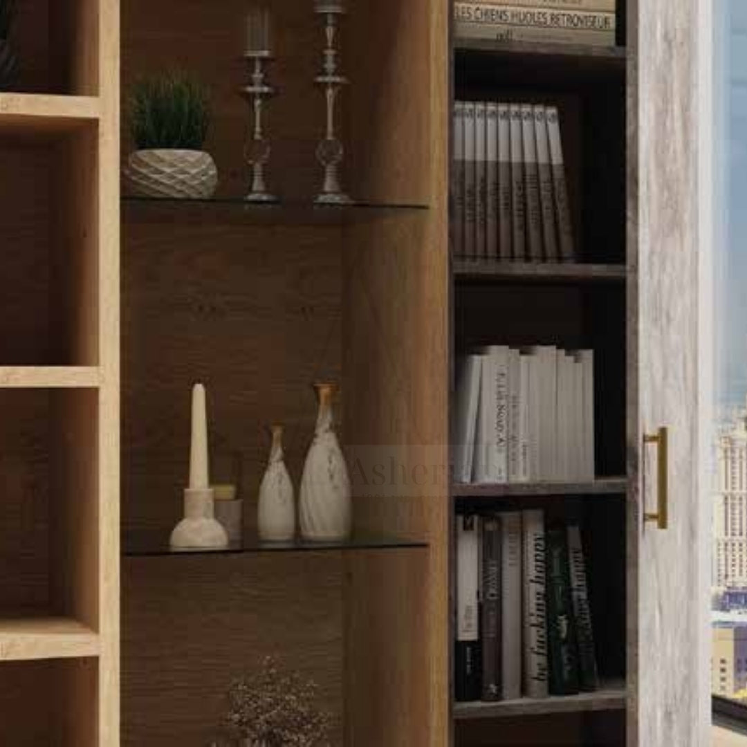 ALMOG | ארון אחסון מעוצב לסלון עם מדפי עץ וזכוכית -    - אשריאן | ASHERIAN