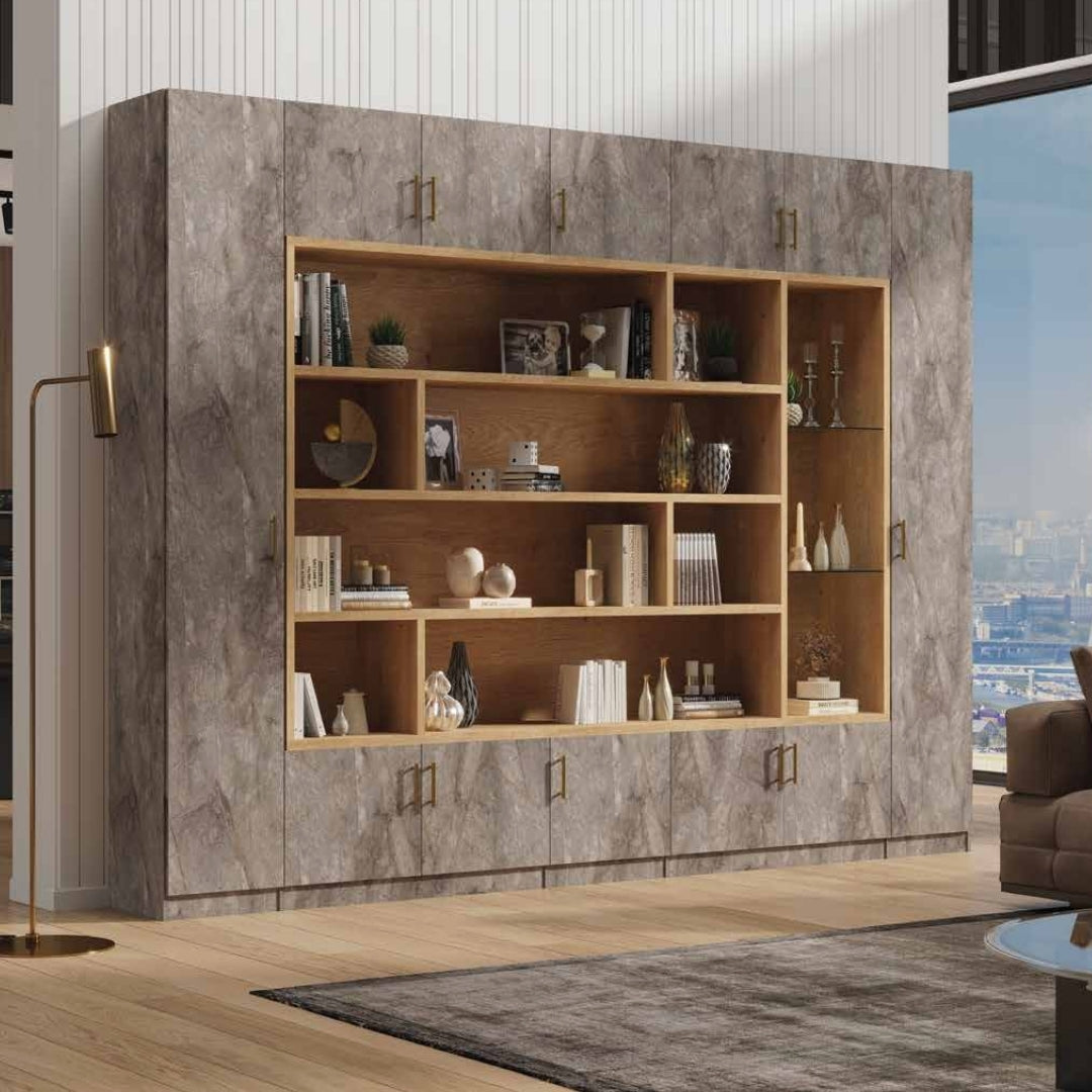 ALMOG | ארון אחסון מעוצב לסלון עם מדפי עץ וזכוכית - 280 ס"מ - 7 דלתות   - אשריאן | ASHERIAN