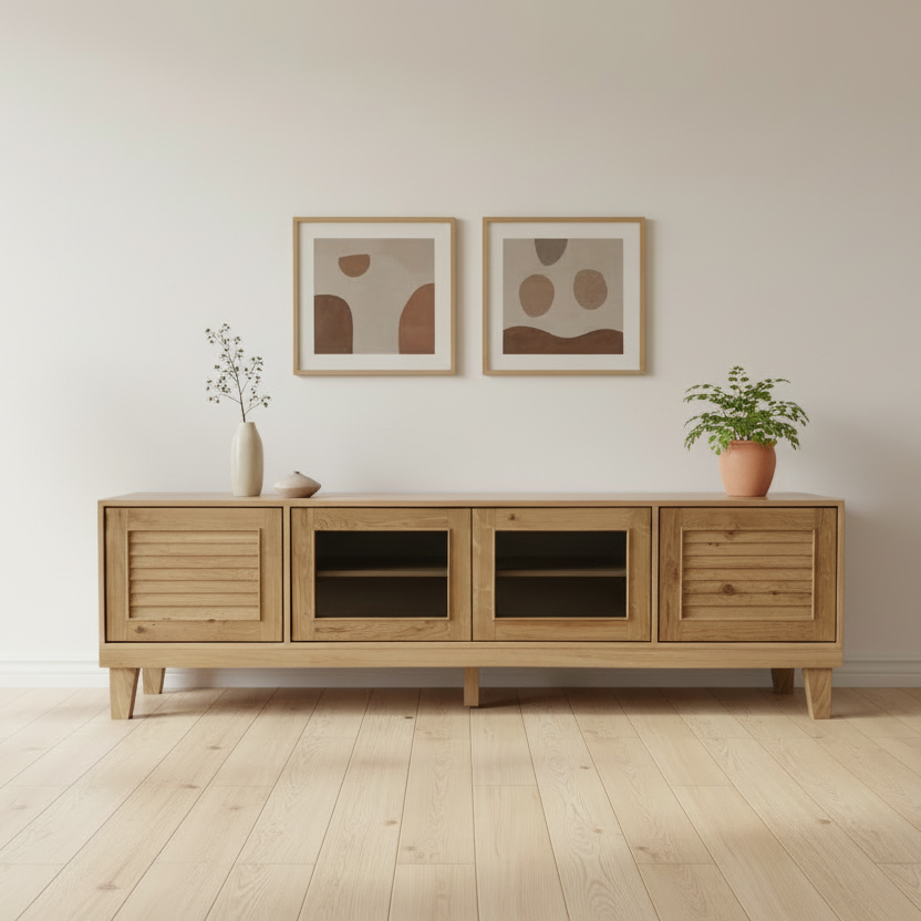 ATLAS | מזנון טלוויזיה כפרי עם חזית תריס ורגלי עץ - 160 ס״מ